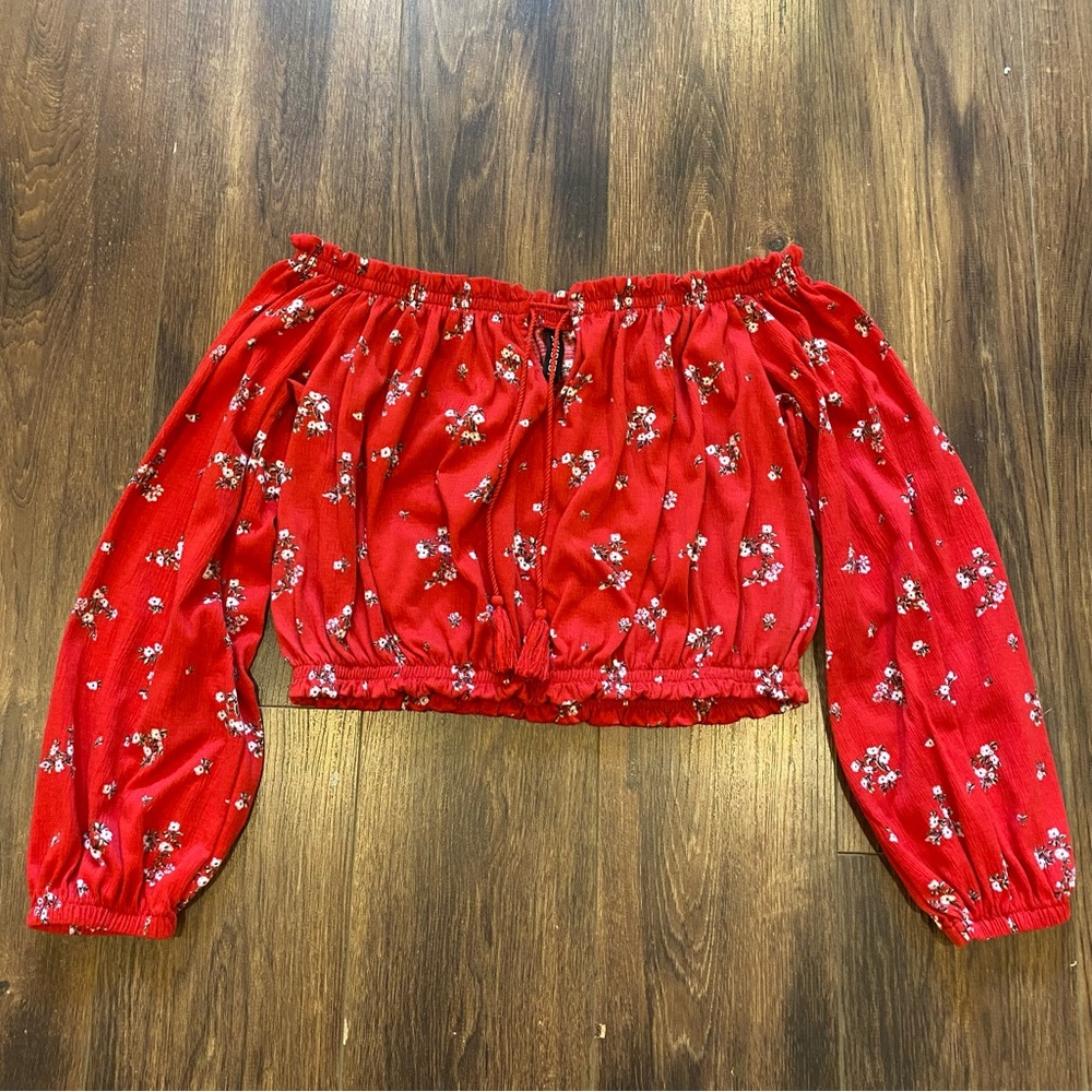 Off the shoulder cropped red floral shirt size large long sleeve